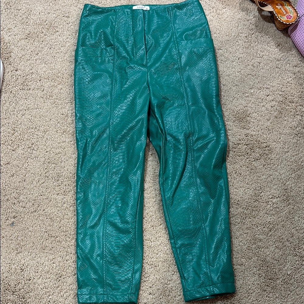 Laqbi Green Textured Leather Jacket & Pants Set